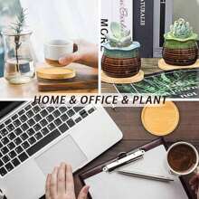 6 件装竹杯垫套装（不含支架）适用于咖啡桌、盆栽木质杯垫、办公桌保护、乔迁礼物、方形/圆形竹杯垫适用于花盆、饮料托盘、办公桌盆栽植物保护、家庭办公室装饰