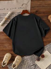 少女蝴蝶结印花图案 T 恤，适合女孩短袖 T 恤，少女夏季上衣圆领衬衫 - 黑色 - 查看 3