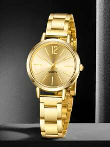 2PCS Gold Alloy Strap Women's Watch Set Fashionable Elegant Simple Quartz Watch Bracelet Jewelry Set Perfect Gift For Her - Gold - View 2