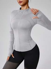 女式纯色拉链长袖运动夹克，袖口有拇指孔，紧身，瑜伽健身跑步运动服 - 灰色 - 查看 1