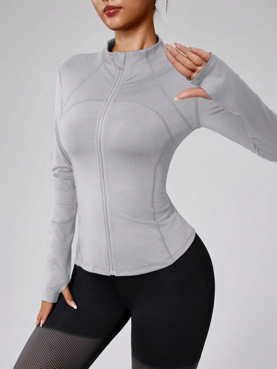 女式纯色拉链长袖运动夹克，袖口有拇指孔，紧身，瑜伽健身跑步运动服 - 灰色 - 查看 1