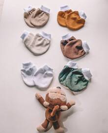 Kit 3 Pairs Of Baby Gloves For Newborns, Baby, Children, 100% Cotton, Own Production - 泥土色調 - 查看 1