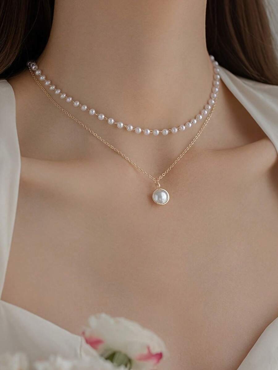 CVNANA 1 Dây chuyền ngọc trai đôi Dây chuyền xương đòn mắt mèo Trang sức mùa hè cho nữ Trang sức hẹn hò Quà tặng sinh nhật - Vàng - Xem 1