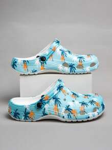 男女通用简约可爱万圣节南瓜印花耐磨防滑防水速干休闲日常室内/户外花园散步透气凉鞋 - 藍色椰樹 - 查看 3