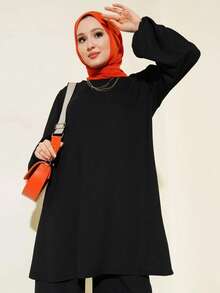 New Loose Casual Middle Eastern Style Solid Two Pieces Set - Black - View 4