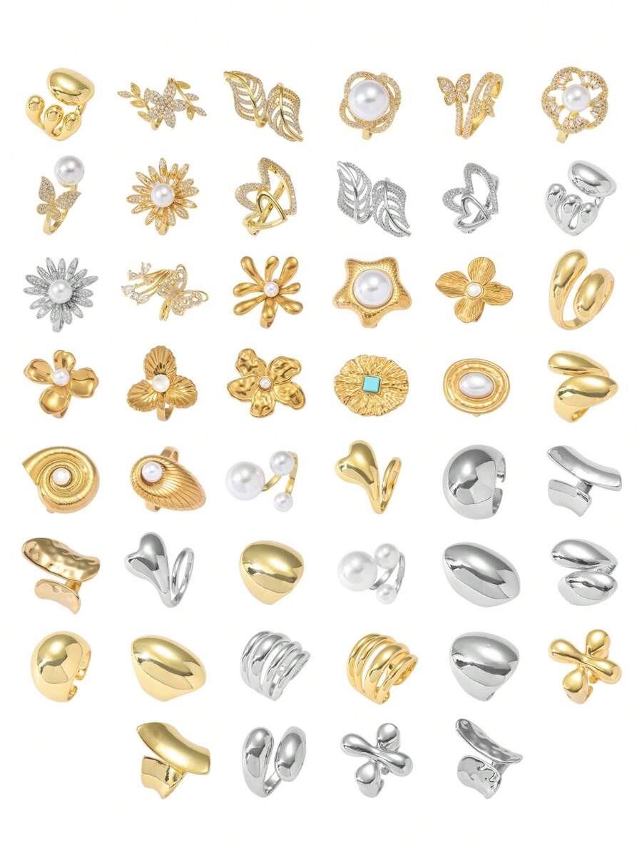 1/10 件不锈钢戒指套装镀层，镶嵌人造锆石、珍珠、绿松石、不对称几何、心形、花朵、星形设计、可调节开口，适合海滩、度假、情人节、情侣、朋友、礼物、女性日常佩戴、妈妈、母亲、母亲节、礼物