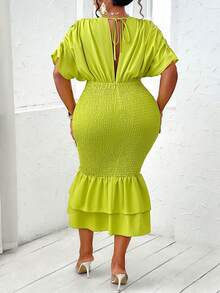 BIUBIU Plus Size V Neck Batwing Sleeve Surplice Neck Shirred Unitard Dress Shirred Double Layer Ruffle Hem Festival Vacation - Green - View 5