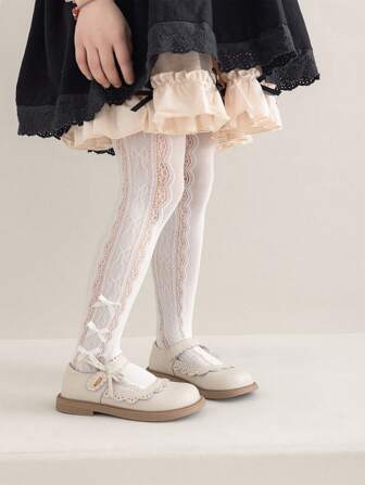 1PC 夏季网眼儿童打底裤纯色精致镂空蝴蝶结女童连裤袜白色米色 2 种颜色适合日常或派对穿着