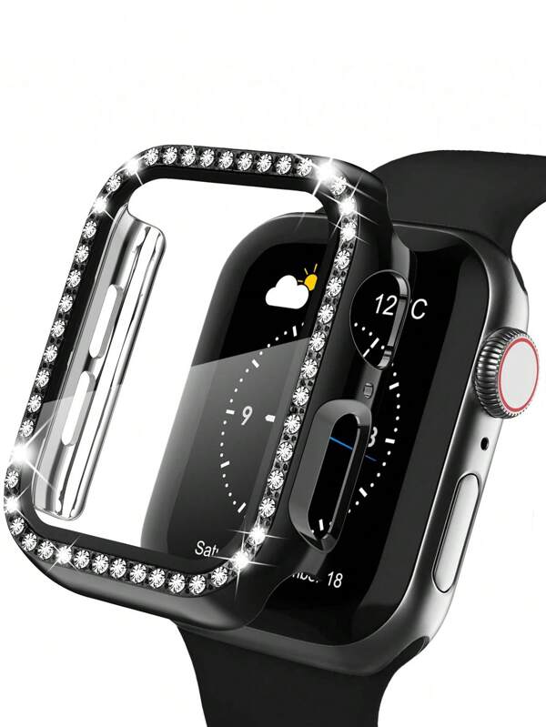 1pc Unisex Black Rhinestone Decorative Ultra-Thin Tempered Glass Protective Case, Compatible With Apple Watch 38/40/41/42/44/45/46/49mm, Compatible With Apple Watch Series Ultra/SE/11/10/9/8/7/6/5/4/3/2/1, Smartwatch Case Accessory