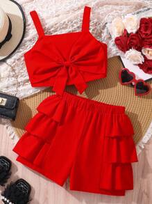 Cute Teenagers Girls Bowknot Camisole And Shorts Set, Suitable For Beach Vacation, Summer