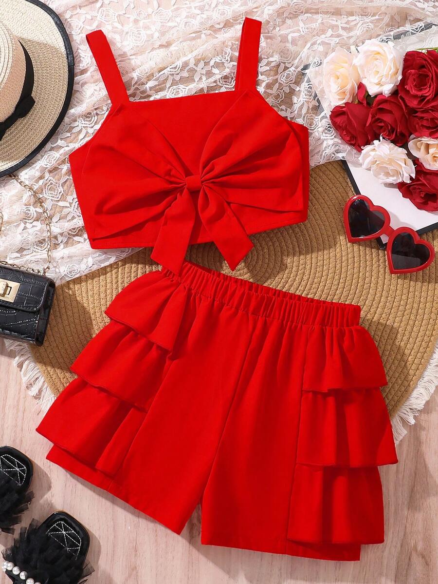 Cute Teenagers Girls Bowknot Camisole And Shorts Set, Suitable For Beach Vacation, Summer