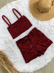 Women's Sequin Shorts Set With Pockets, Cropped Top And Straps For Bloggers - Burdeos - Ver 1