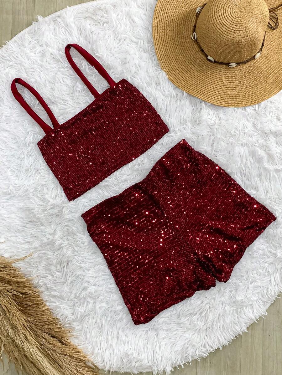 Women's Sequin Shorts Set With Pockets, Cropped Top And Straps For Bloggers - Burdeos - Ver 1