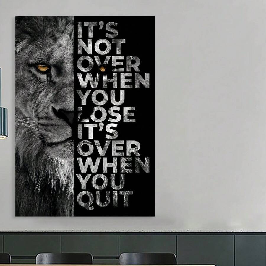 Inspirational Quote, Black And White Illustration Canvas Art, "It's Not Over When You Lose, It's Over When You Quit" - Motivational Animal Art, Strong Visual Impact, Perfect For Home, Office Wall Décor Valentine's Day Gift,Framed Poster