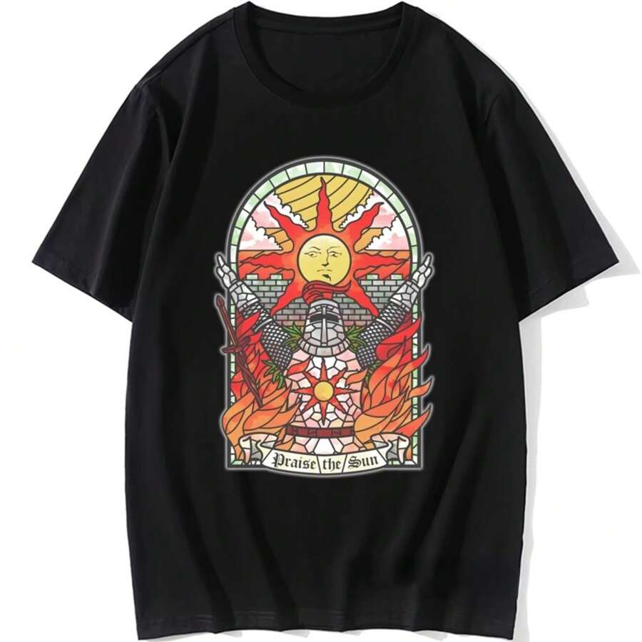 Dark Souls 3 Church Of The Sun Graphic Tshirts Praise The Sun Youth Tees Harajuku Retro T Shirt Men Clothing Unisex Short-Sleev - 黑色 - 查看 1