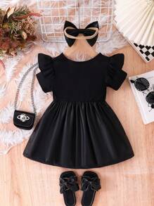 2pcs Baby Girls' Simple Black Ribbed & Faux Leather Patchwork Cap Sleeve Dress With Bow Headband