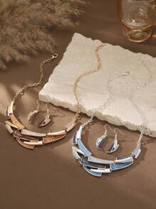 1 Set (2pcs) Bohemian Style Minimalist Elegant Khaki & Blue Dripping Oil Zinc Alloy Geometric Decorated Jewelry Set - Necklace & Earrings, Suitable For Women Daily Wear, Party, Holiday, Gift