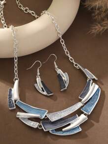 1 Set (2pcs) Bohemian Style Minimalist Elegant Khaki & Blue Dripping Oil Zinc Alloy Geometric Decorated Jewelry Set - Necklace & Earrings, Suitable For Women Daily Wear, Party, Holiday, Gift