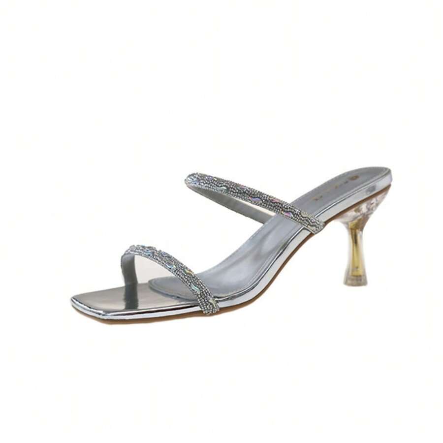French Rhinestone Square Head Thick Heel Cool Slippers Women Wear High Heels - Silver - View 1