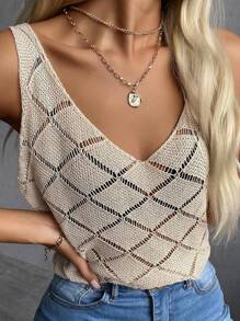 纯色镂空 V 领针织吊带背心 - 杏色 - 查看 3