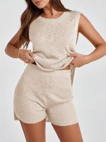 Women's Summer Knitted Sweater Set Sleeveless Top With Shorts 2 Piece Beach Holiday Set - 米色 - 查看 4