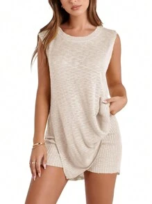 Women's Summer Knitted Sweater Set Sleeveless Top With Shorts 2 Piece Beach Holiday Set - 米色 - 查看 1