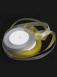 1roll 25Yards Silver Gold Glitter Ribbon 3/8 Inch, Sparkly Thin Solid Fabric Ribbon For Gift Wrapping, Crafts, Christmas Holiday Wedding Birthday Party Decoration Floral Bouquet, Metallic Gold Ribbon Roll - Multicolor - View 3
