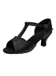 Ladies' Canvas & Genuine Leather Sole Latin Dance Shoes, Ballroom Dance Shoes With Medium High Heels, Suitable For All Seasons - Black - View 4