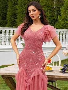 MIUSOL 亮片蕾丝撞色网眼 V 领荷叶边袖褶皱下摆晚会长裙，女士优雅派对礼服，正式晚礼服，舞会礼服，适合婚礼嘉宾、毕业典礼、晚宴