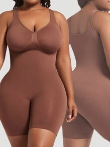 1pc Women Plus Size Seamless Shapewear Jumpsuit, Black Cinched Waist Bust-Lifting Tummy Control Overall Body Shaper