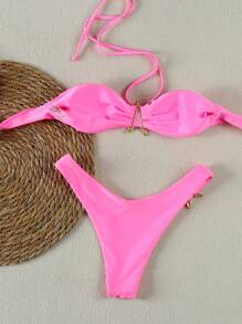 New Sexy Halter Starfish Print Bikini Swimsuit For Women, Casual Beach Vacation Party Date, Spring/Summer - Pink - View 2