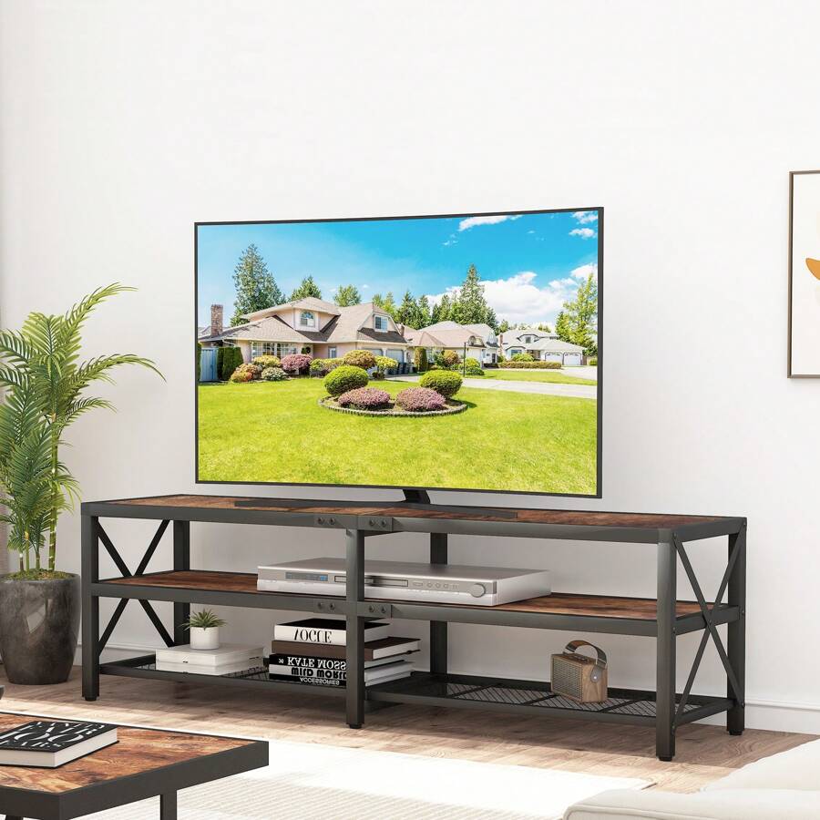 TV Stand For 75 Inches TV - Entertainment Center And Industrial TV Console Table With Open Storage Shelves For Living Room, Bedroom -  63" Rustic Brown