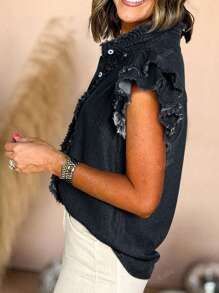 Acelitt Fashionable Casual Sleeveless Ruffle Fringe Denim Crop Top