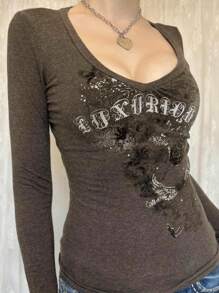 Womens Fairy Grunge T-Shirt Y2k Vintage V-Neck Long Sleeve Pullover Tops Slim Fitted Tops Aesthetic Clothes T-Shirt Graphic Tees Shirt E-Girl Streetwear Summer Spring Fall Basic Clothes Tops - 棕色 - 查看 3