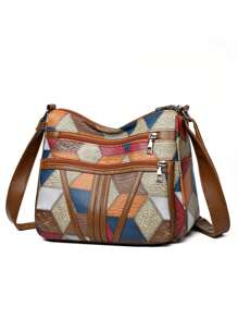 Tas Selempang Wanita Gaya Bohemian, Motif Kotak-kotak Warna, Retro, Kapasitas Besar, Banyak Kantong, Cocok untuk Komuter, dan Tali Bahu yang Dapat Disesuaikan. - Coklat - View 8