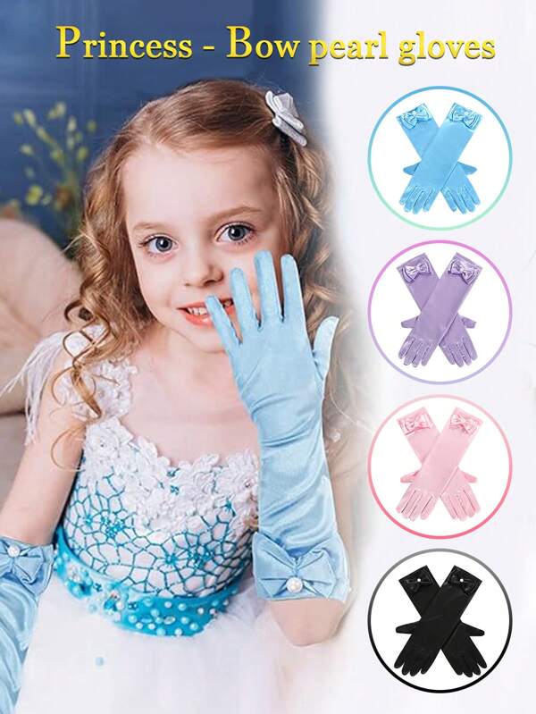 1 Double Bow Pearl Long Princess Gloves, Girls' Dress, Show, PROM Gloves, Suitable For Children 3-8 Years Old