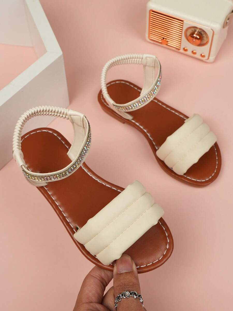 Girls' Crystal Diamond Decorated Roman Sandals, Princess Style, Summer 2024 New Edition - Beige - View 1