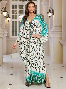 Bohemian Batwing Sleeves Kaftan Plus Size House Dress Modest Arabian Dress Outfits - Green - View 6
