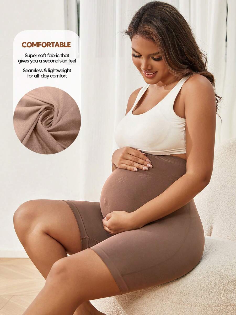 Pantalones cortos ajustados de cintura alta elástica para maternidad - Caqui - Ver 1