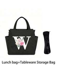 2 pièces/Set Sacs isothermes imprimés avec lettres A-Z et boîte de rangement pour couverts, sac à lunch à double poche