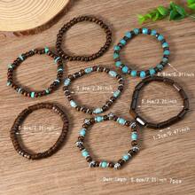 7pcs Turquoise & Wooden Bead Stretch Bracelet Set, Handmade Retro Unisex Fashion Jewelry For Men & Women, Suitable For Daily Wear