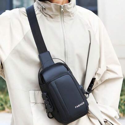 Men's Chest Bag, Anti-Theft Password Lock One Shoulder Messenger Bag, Multi-Function USB Port Commuter Cycling Waist Pack