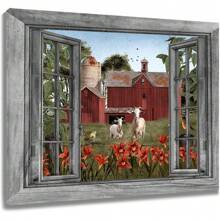 1PCS With Frame Farmhouse Barn Wall Art Grey Window Red Floral Green Plants And Goat Canvas Wall Art Vintage Rustic Wall Art Home Office Decoration Suitable For Bedroom Living Room Dining Study Bathroom Kitchen Hotel Office Apartment Studio Dressing Room Bar Cafe Corridor Wall Decoration - 彩色 - 查看 1