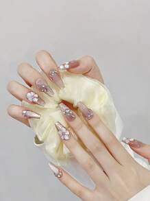 YADORNOS 10片粉色猫眼3D花朵露珠碎钻手工亚克力按压式美甲贴片，春夏手绘花朵柔美短棺材形和长杏仁形全覆盖假指甲，含果冻胶和指甲锉，返校季居家DIY美甲用品手工按压式美甲贴片 - 粉色 - 查看 4