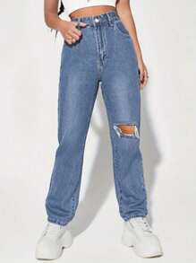 Jeans de Cintura Alta con Rasgaduras - Azul Clásico, Denim Elástico, Perfectos para Uso Diario, Salidas Casuales, Reuniones con Amigos, Estaciones de Primavera, Verano y Otoño - Azul - Ver 2