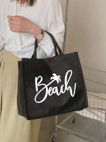 1 bolsa de lona tipo tote con impresión de letra, bolsa de regalo personalizada para la playa, de gran capacidad, impermeable y portátil, bolsa de playa con letra para vacaciones, paquete de trabajo, bolsa de lona con cremallera para compras, estilo tanto para mujeres como para hombres, ideal para escuela, universidad, trabajo, negocios, traslados, exteriores, viajes, salidas, vacaciones, bolsa de almuerzo para el Día del Maestro (negra), bolsas de viaje de gran tamaño, bolsa de verano