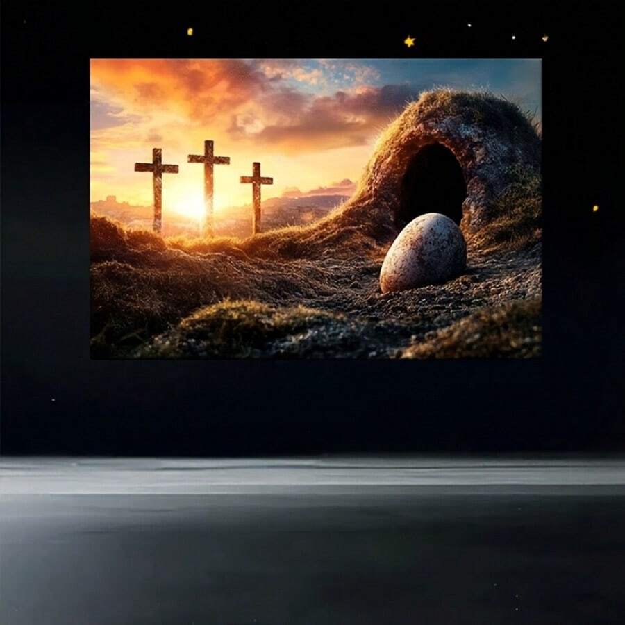 1pc Easter Empty Tomb & Three Crosses Canvas Art - Durable Wooden Framed Wall Decor, Classic Farmhouse Style Religious Painting For Home, Kitchen, Dining Room, Bedroom & Living Room 12*18inch