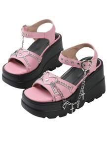 Y2K Style Punk Gothic Style Cross Chain Pink Platform Sandals For Women Summer Casual Wedge Heel For Outdoor & Casual Wear In Summer - Hồng - Xem 8