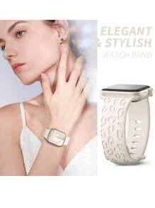 Leopard Floral Engraved Band Compatible With Apple Watch Band 49mm 45mm 44mm 42mm 41mm 40mm 38mm 46mm, Cheetah Waterproof Sport Silicone Wristbands Replacement Strap Compatible With IWatch Series 11 10 9 8 7 6 5 4 3 2 1 SE For Women - Beige - View 8