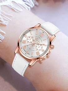 JasonRolls 3 Pièce/Set, Montre pour Femme, Élégant Ensemble de Montre à Quartz - Chiffres Romains à la Mode, Bracelet en PU, Boîtier en Alliage de Zinc - Cadeau Parfait pour Elle